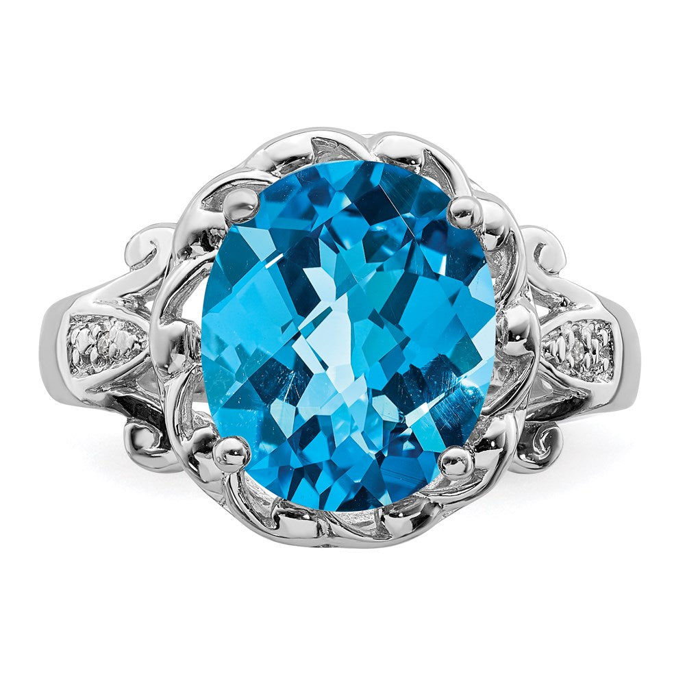 Sterling Silver Rhodium Checker-Cut Blue Topaz & Diamond Ring