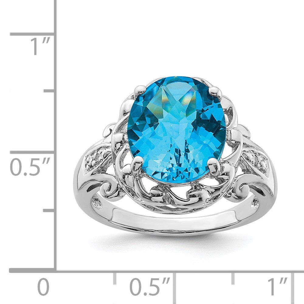 Sterling Silver Rhodium Checker-Cut Blue Topaz & Diamond Ring