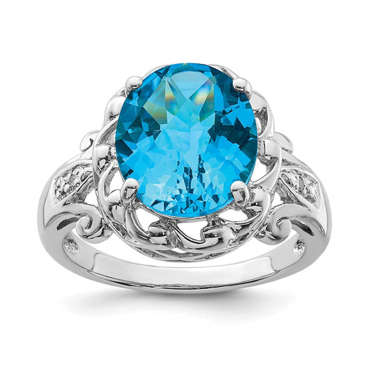 Sterling Silver Rhodium Checker-Cut Blue Topaz & Diamond Ring