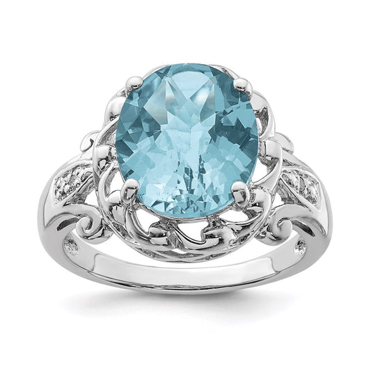 Sterling Silver Rhodium Checker-Cut Sky Blue Topaz & Diamond Ring