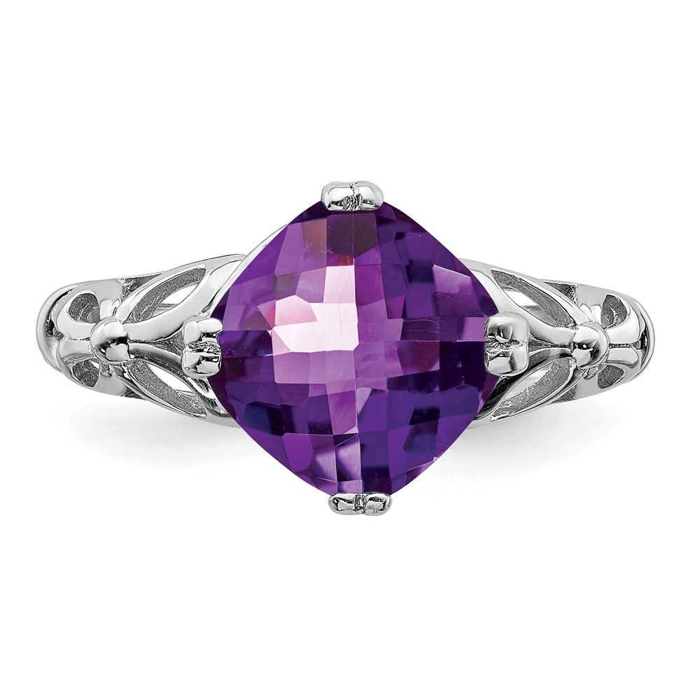 Sterling Silver Rhodium-plated Checker-Cut Amethyst Ring