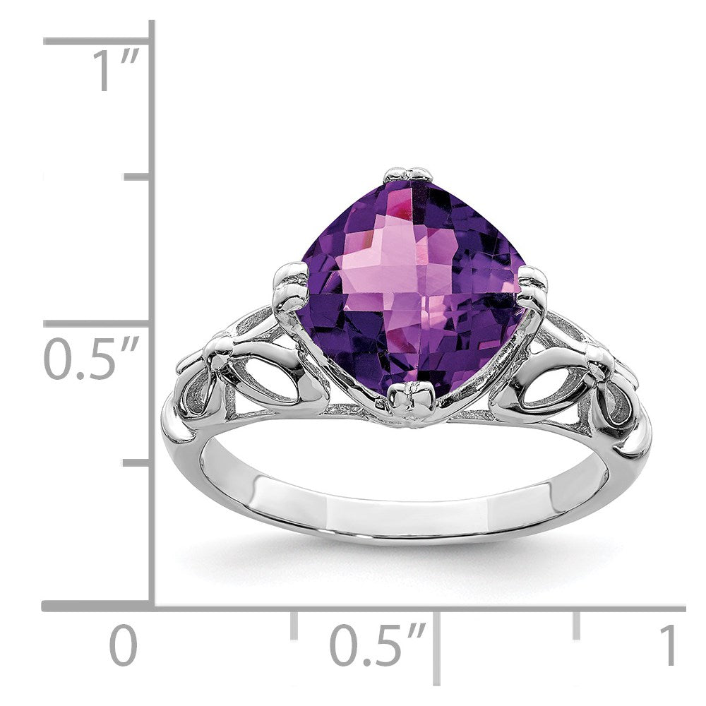 Sterling Silver Rhodium-plated Checker-Cut Amethyst Ring