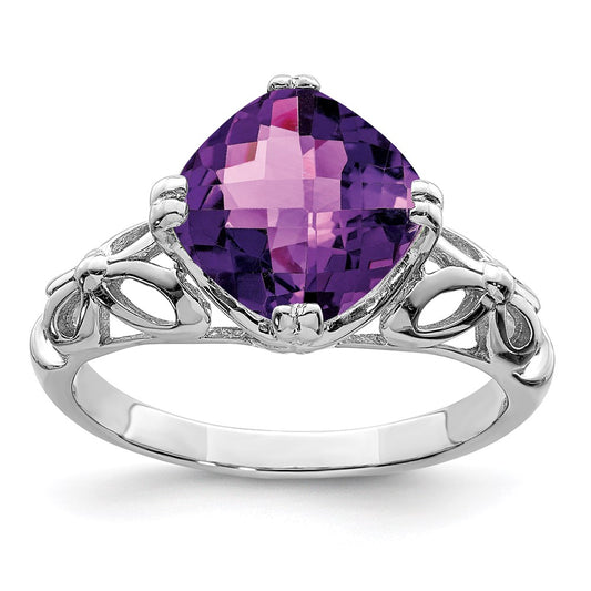 Sterling Silver Rhodium-plated Checker-Cut Amethyst Ring