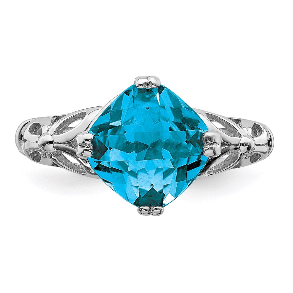 Sterling Silver Rhodium Checker-Cut Blue Topaz Ring