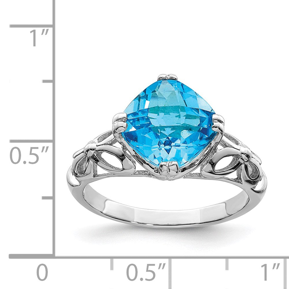 Sterling Silver Rhodium Checker-Cut Blue Topaz Ring