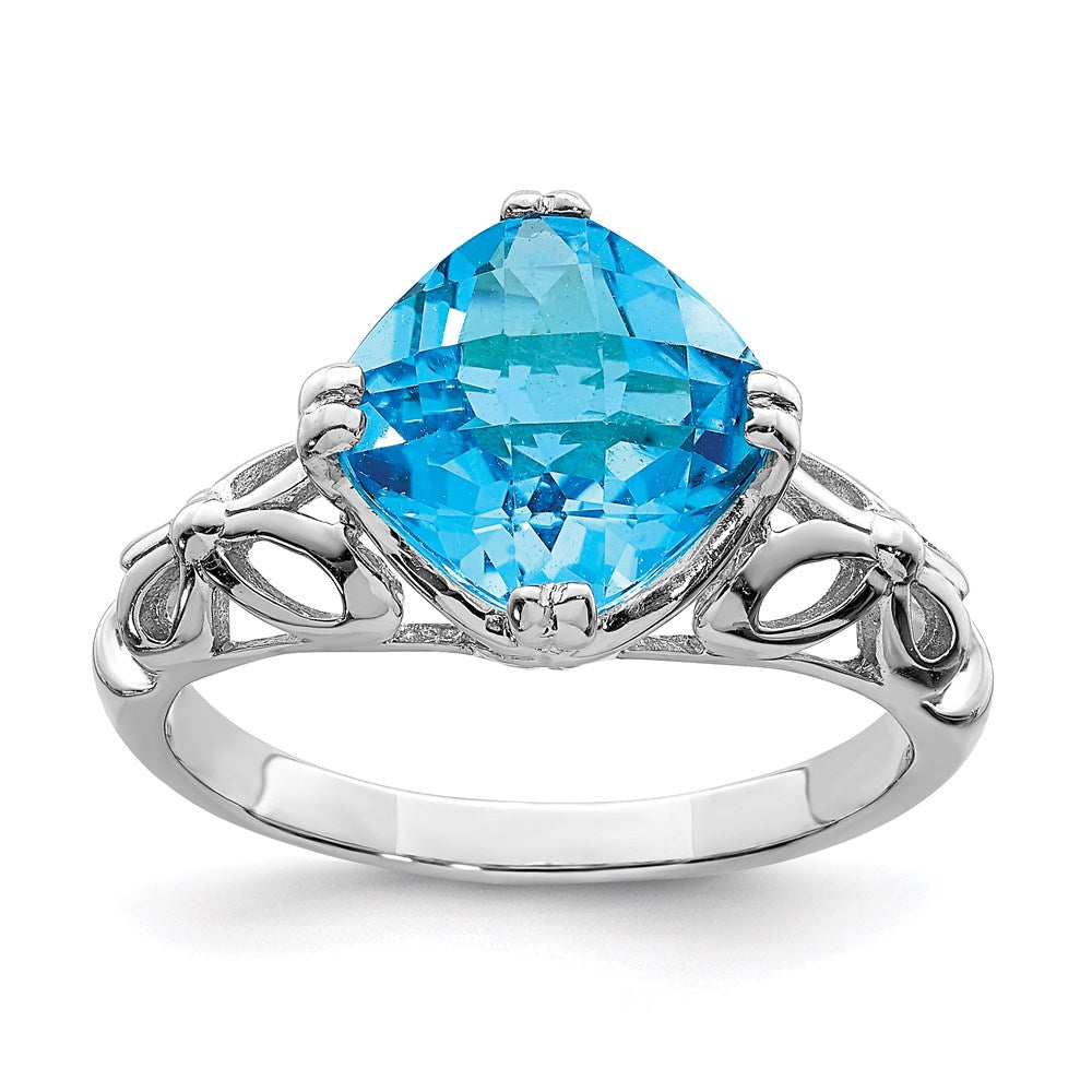 Sterling Silver Rhodium Checker-Cut Blue Topaz Ring