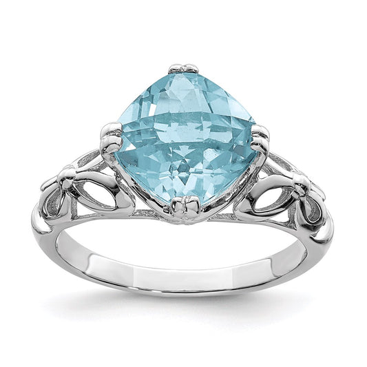 Sterling Silver Rhodium Checker-Cut Sky Blue Topaz Ring