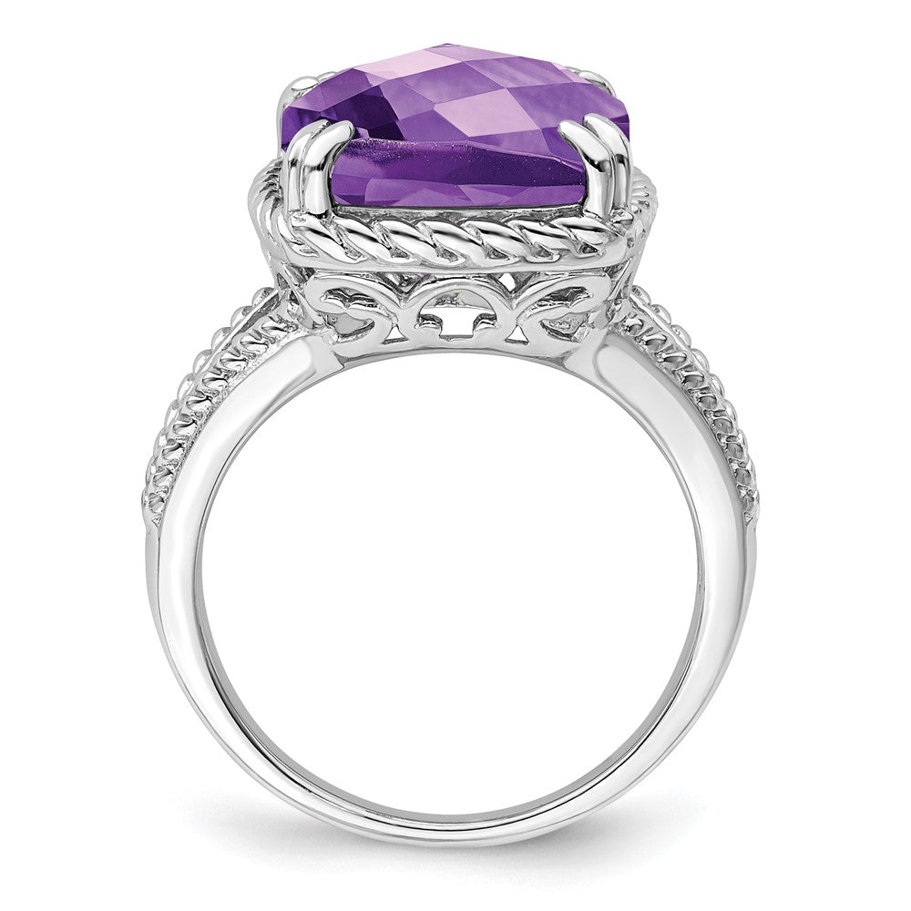 Sterling Silver Rhodium-plated Checker-Cut Amethyst Ring