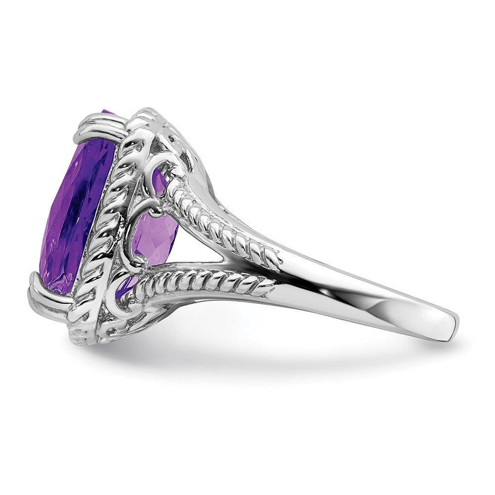 Sterling Silver Rhodium-plated Checker-Cut Amethyst Ring