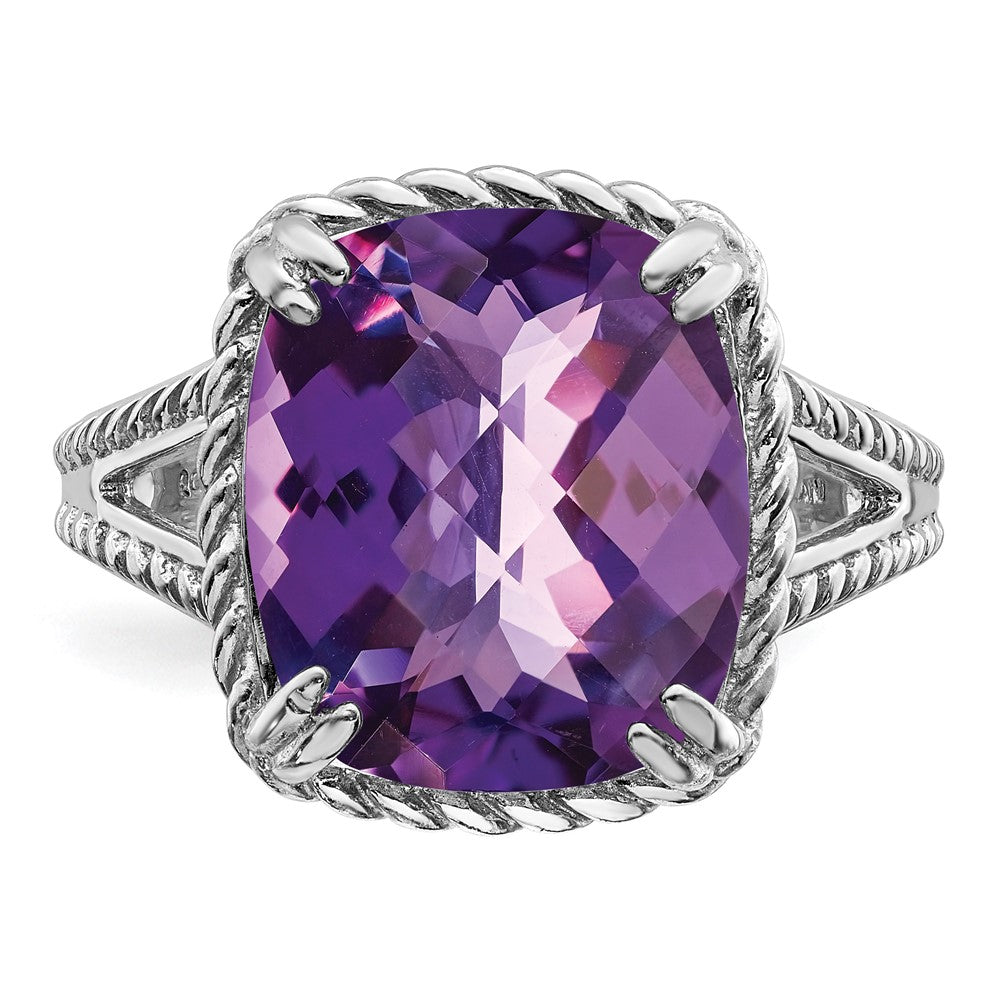 Sterling Silver Rhodium-plated Checker-Cut Amethyst Ring