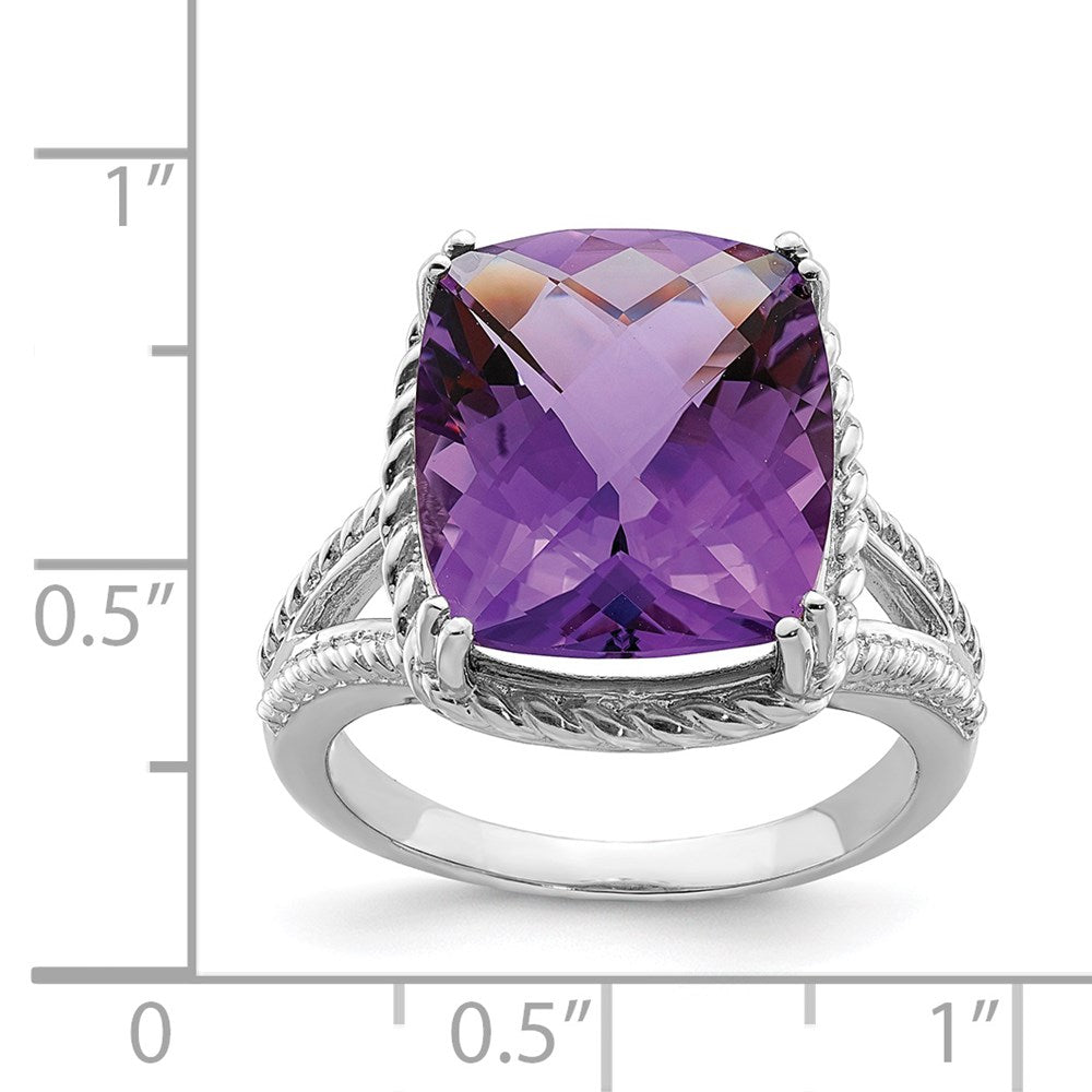 Sterling Silver Rhodium-plated Checker-Cut Amethyst Ring