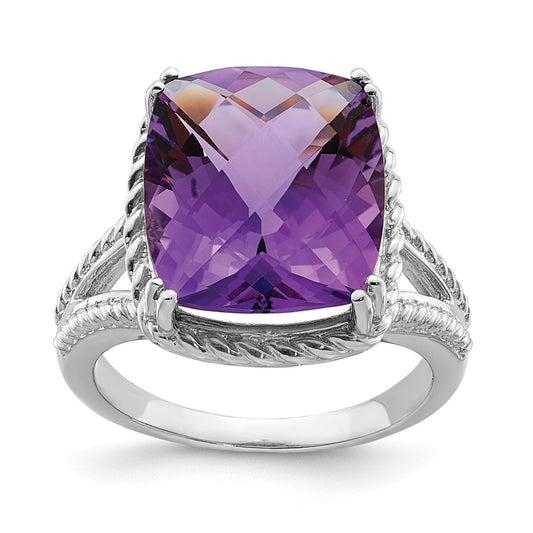 Sterling Silver Rhodium-plated Checker-Cut Amethyst Ring