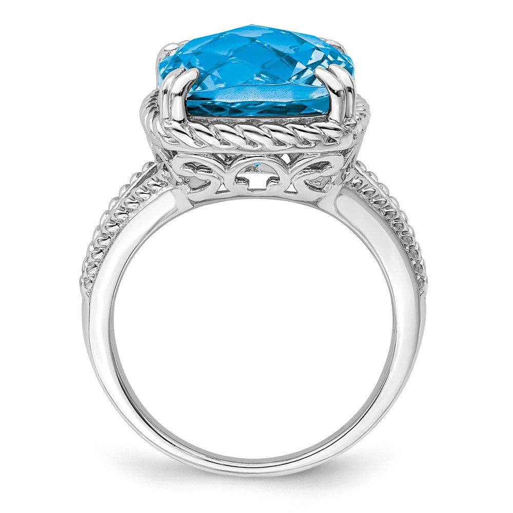 Sterling Silver Rhodium Checker-Cut Blue Topaz Ring