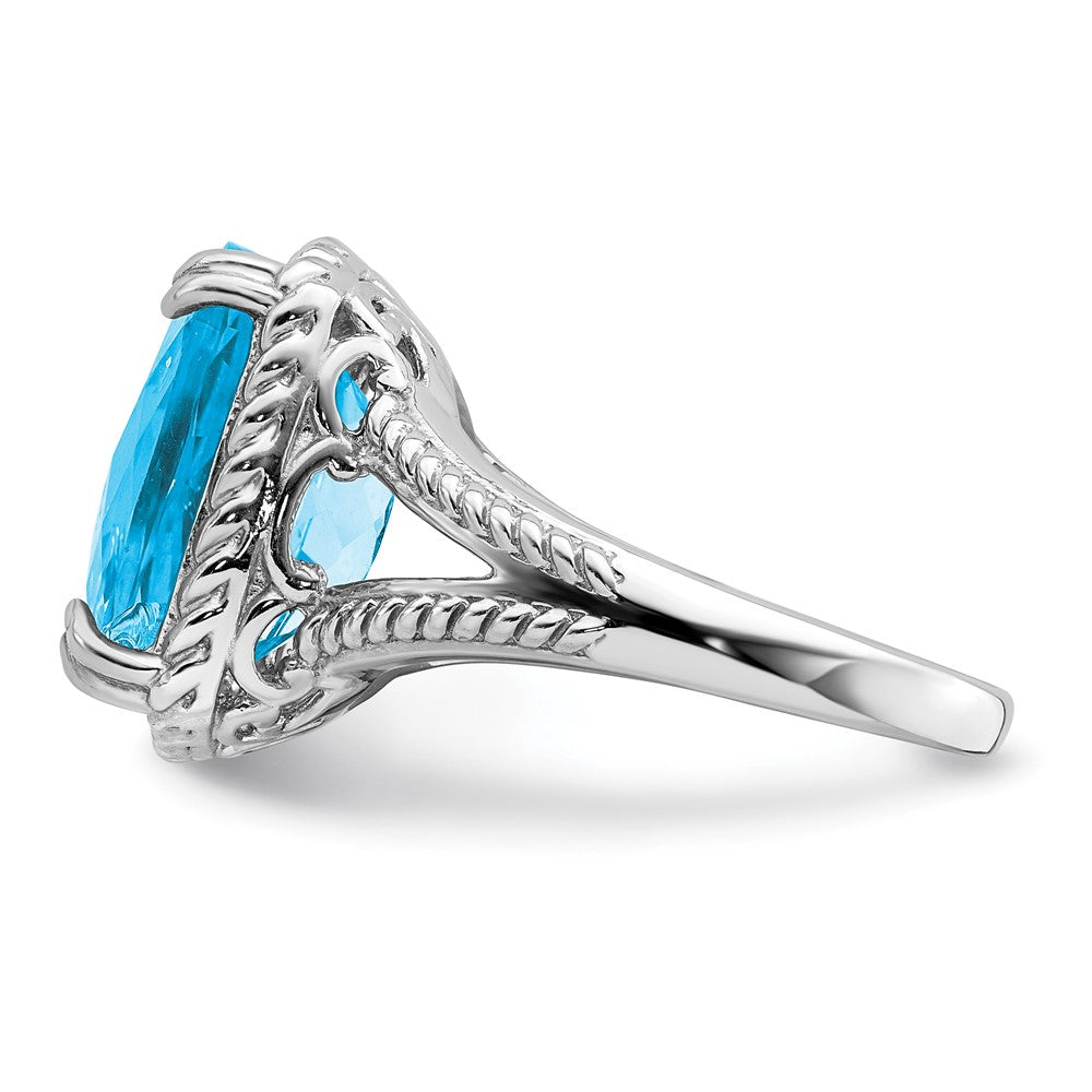 Sterling Silver Rhodium Checker-Cut Blue Topaz Ring