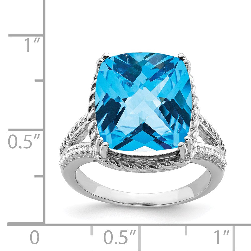 Sterling Silver Rhodium Checker-Cut Blue Topaz Ring