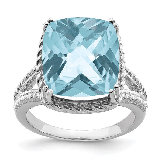 Sterling Silver Rhodium Checker-Cut Sky Blue Topaz Ring