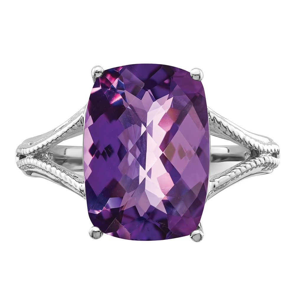 Sterling Silver Rhodium-plated Checker-Cut Amethyst Ring