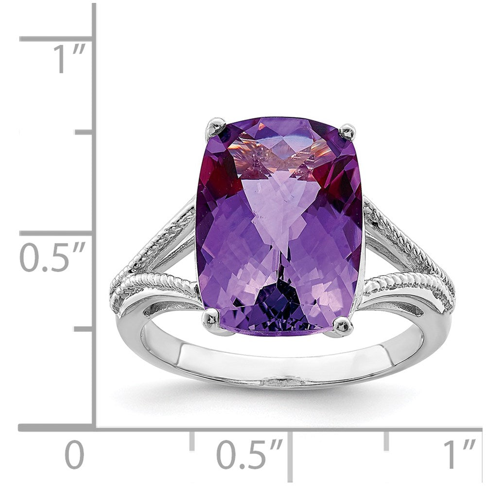 Sterling Silver Rhodium-plated Checker-Cut Amethyst Ring