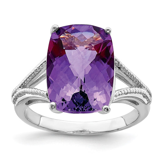 Sterling Silver Rhodium-plated Checker-Cut Amethyst Ring