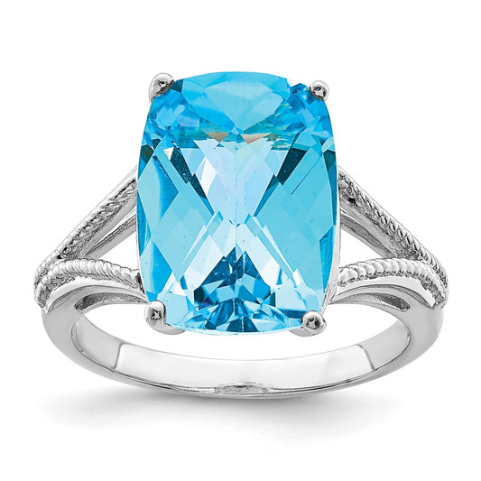 Sterling Silver Rhodium Checker-Cut Blue Topaz Ring