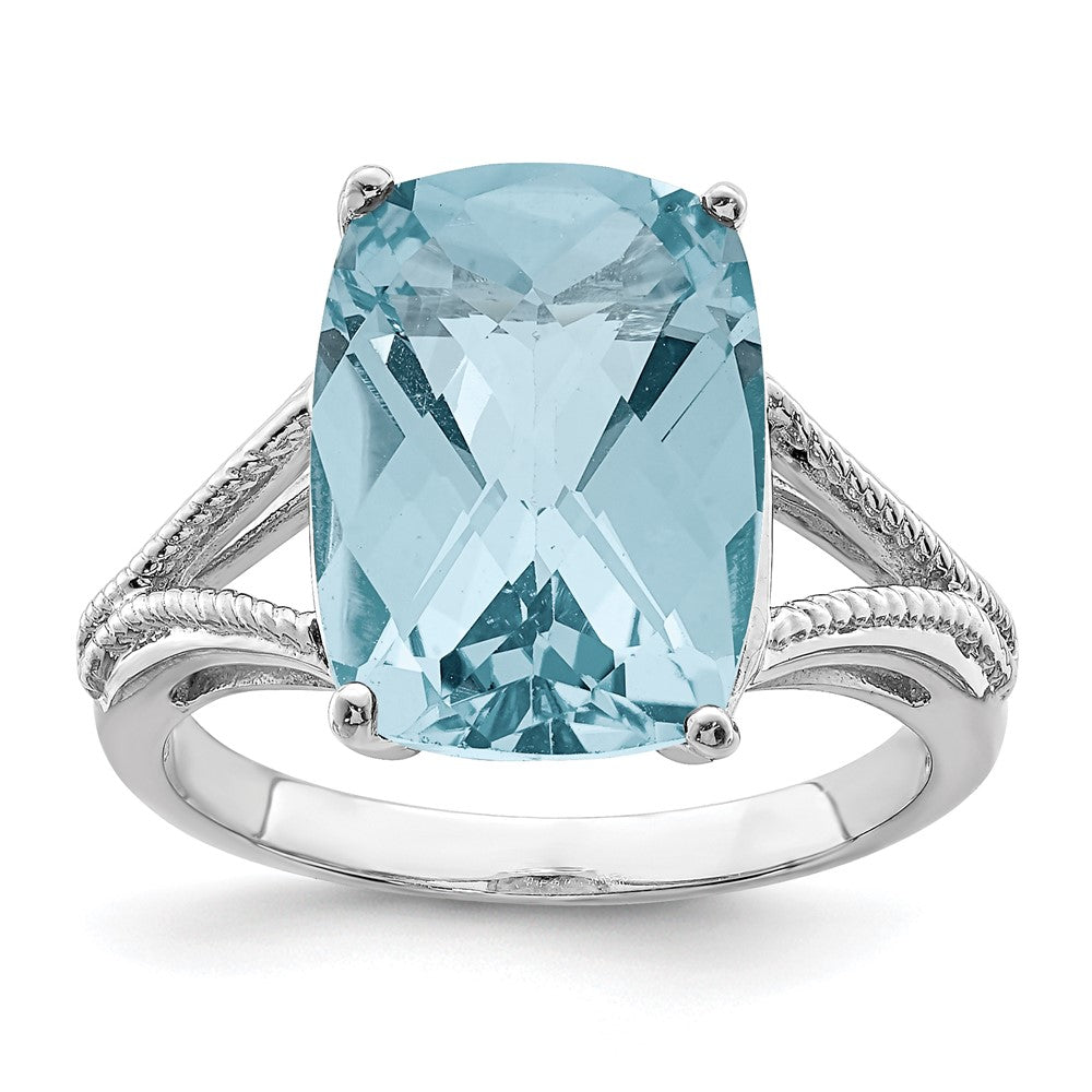 Sterling Silver Rhodium Checker-Cut Sky Blue Topaz Ring