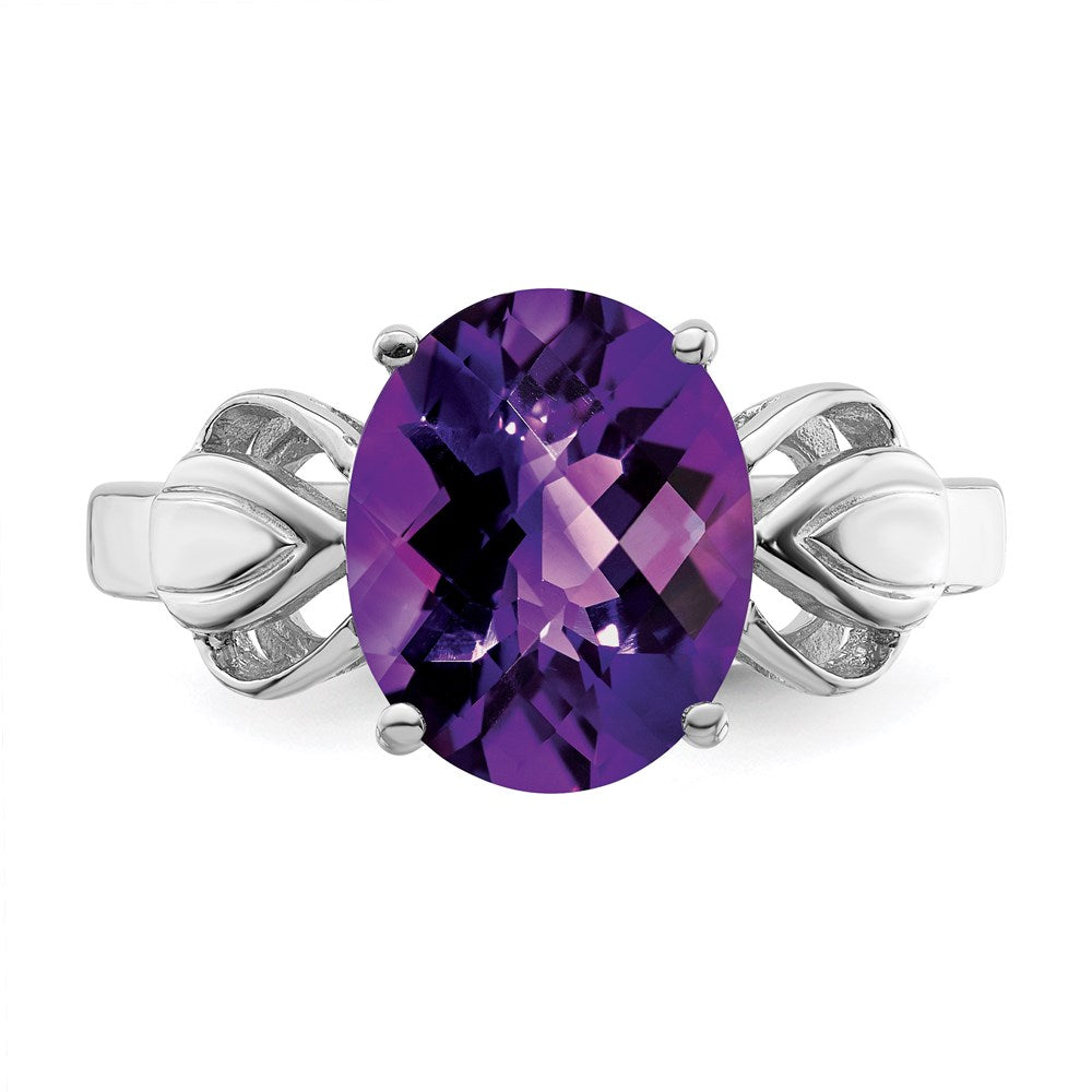 Sterling Silver Rhodium-plated Checker-Cut Amethyst Ring