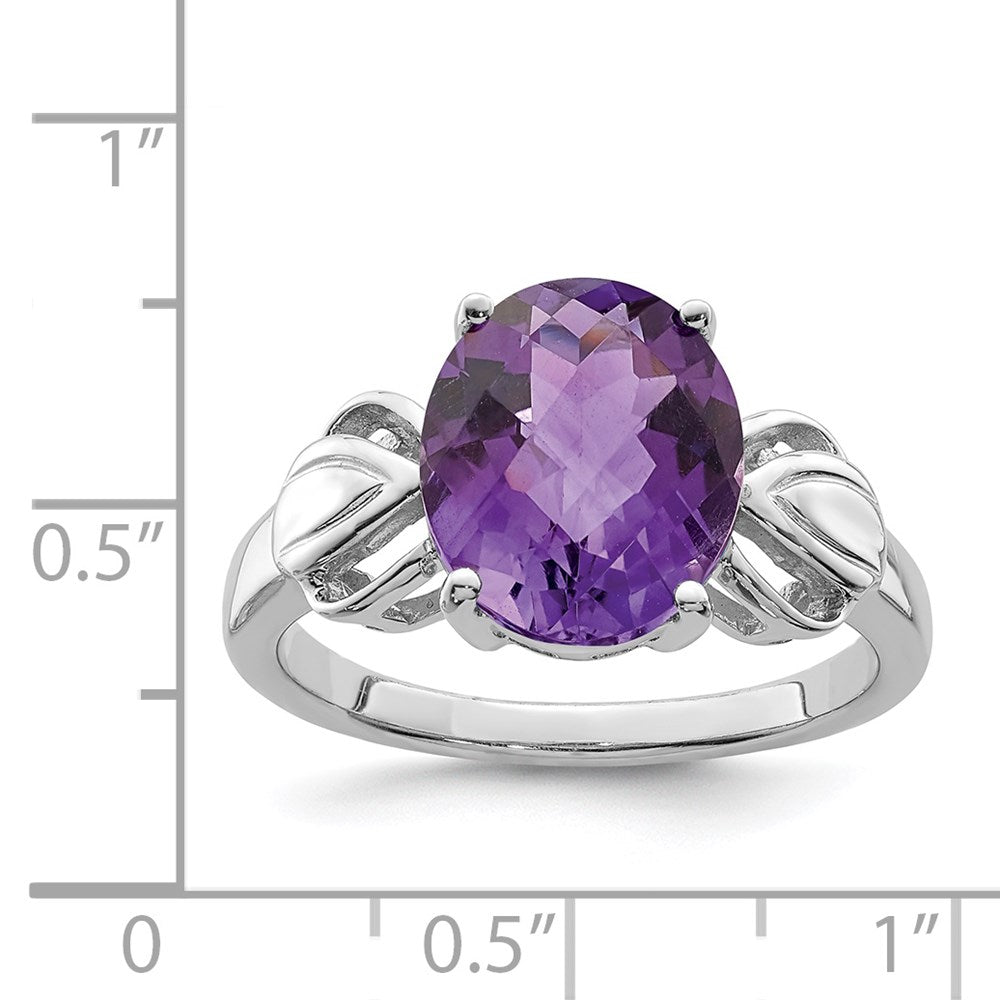 Sterling Silver Rhodium-plated Checker-Cut Amethyst Ring