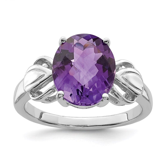 Sterling Silver Rhodium-plated Checker-Cut Amethyst Ring