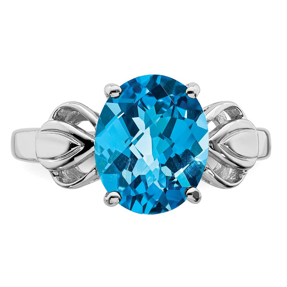 Sterling Silver Rhodium Checker-Cut Blue Topaz Ring