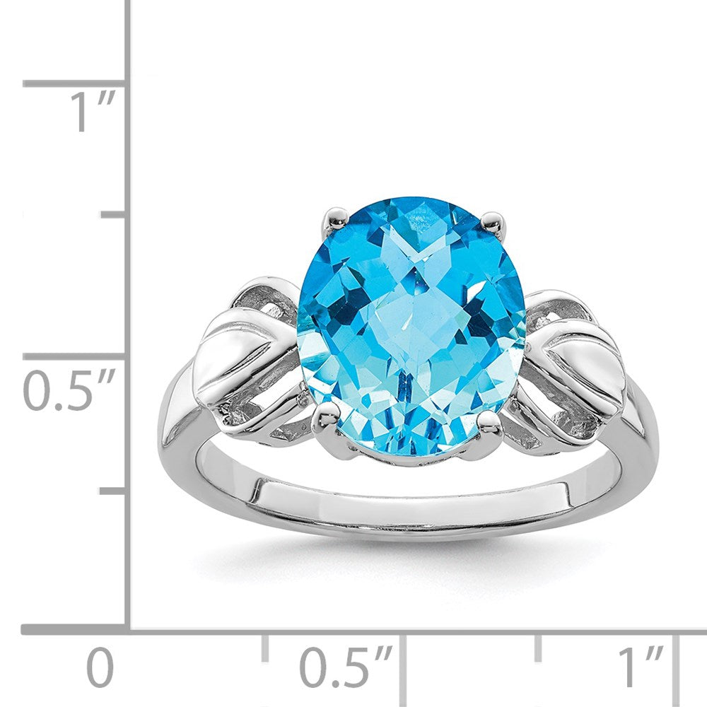 Sterling Silver Rhodium Checker-Cut Blue Topaz Ring