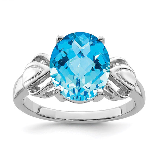 Sterling Silver Rhodium Checker-Cut Blue Topaz Ring