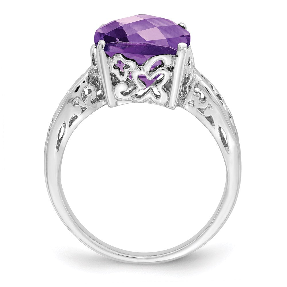 Sterling Silver Rhodium-plated Checker-Cut Amethyst Ring