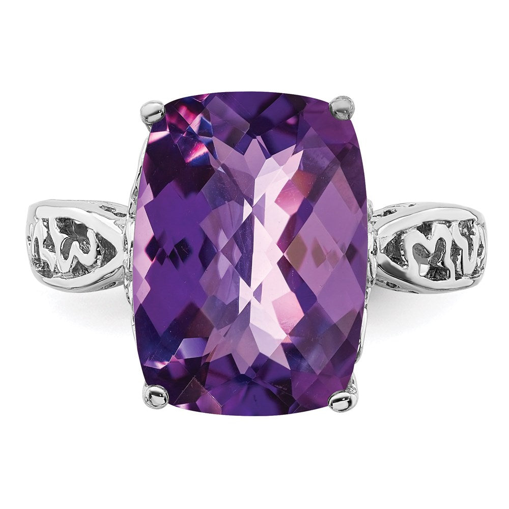 Sterling Silver Rhodium-plated Checker-Cut Amethyst Ring