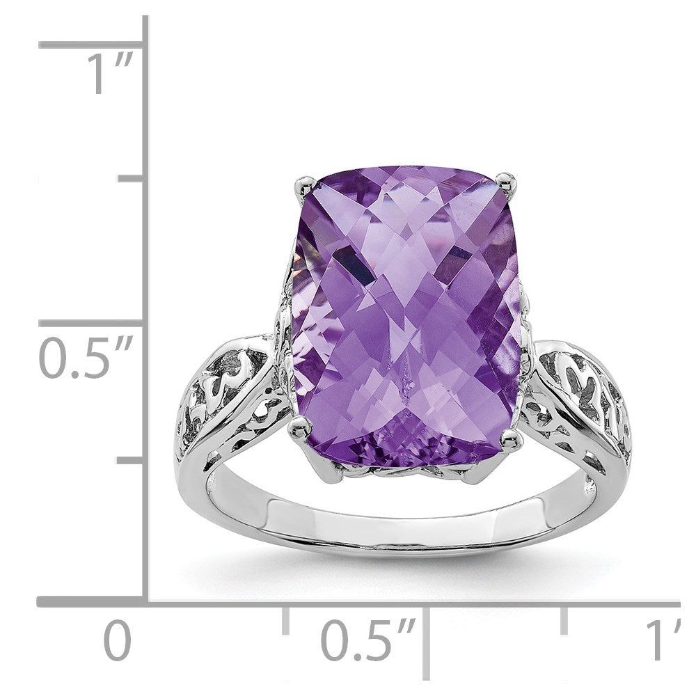 Sterling Silver Rhodium-plated Checker-Cut Amethyst Ring