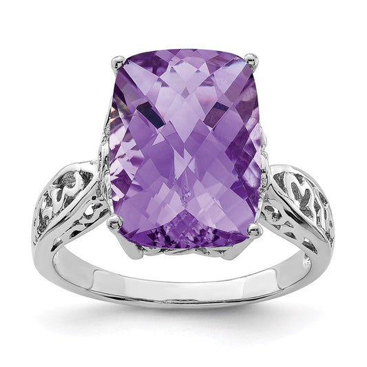 Sterling Silver Rhodium-plated Checker-Cut Amethyst Ring