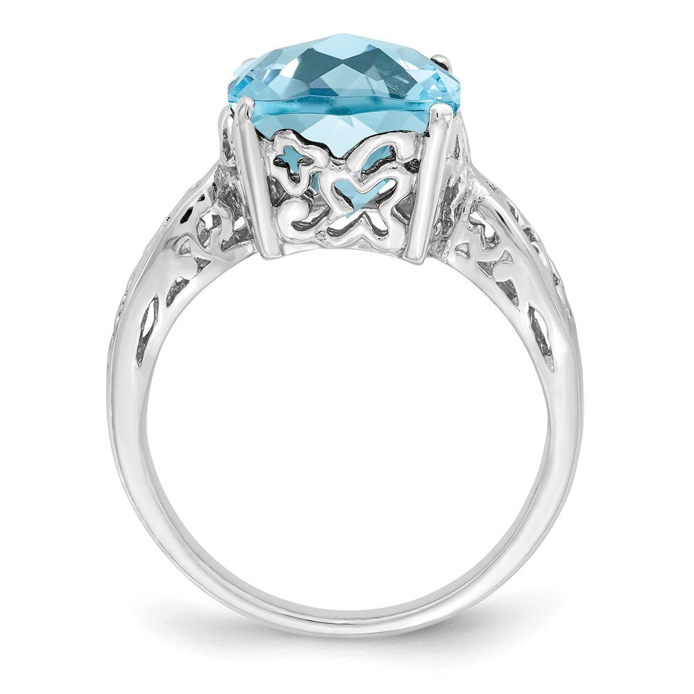 Sterling Silver Rhodium Checker-Cut Sky Blue Topaz Ring