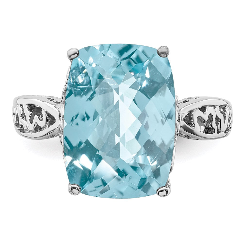 Sterling Silver Rhodium Checker-Cut Sky Blue Topaz Ring