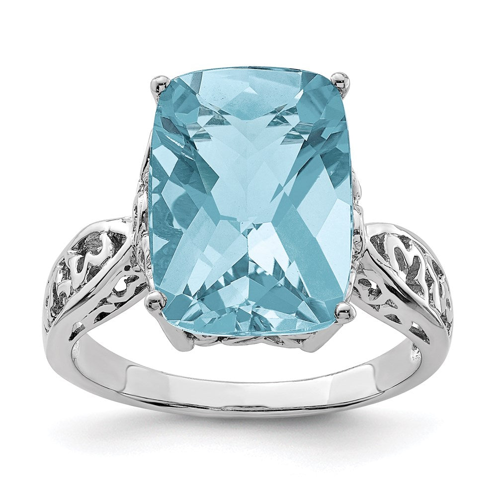 Sterling Silver Rhodium Checker-Cut Sky Blue Topaz Ring