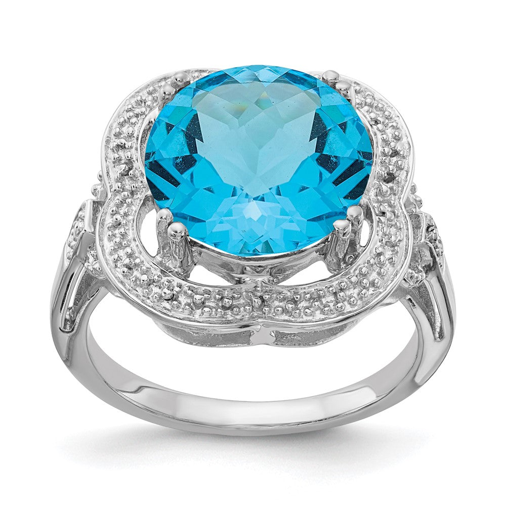 Sterling Silver Rhodium Checker-Cut Blue Topaz Ring