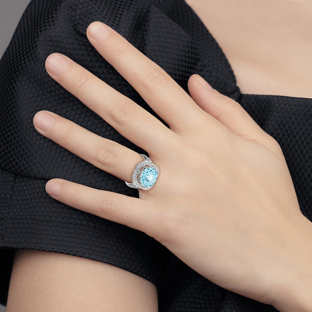 Sterling Silver Rhodium Checker-Cut Sky Blue Topaz Ring