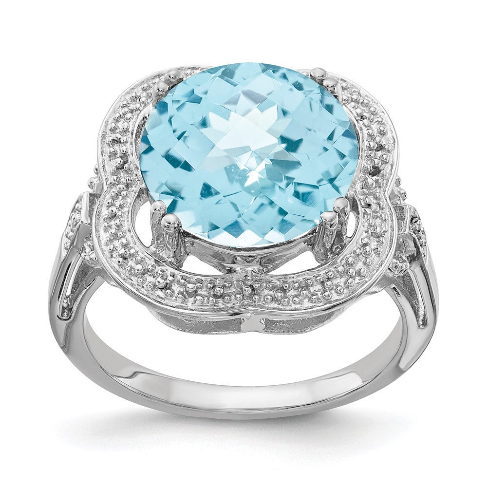 Sterling Silver Rhodium Checker-Cut Sky Blue Topaz Ring