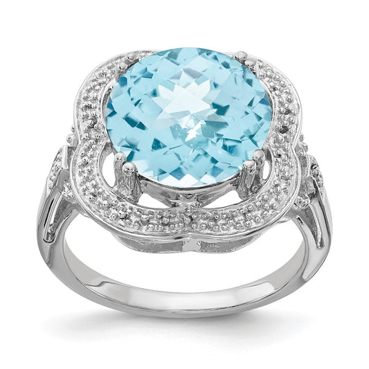 Sterling Silver Rhodium Checker-Cut Sky Blue Topaz Ring