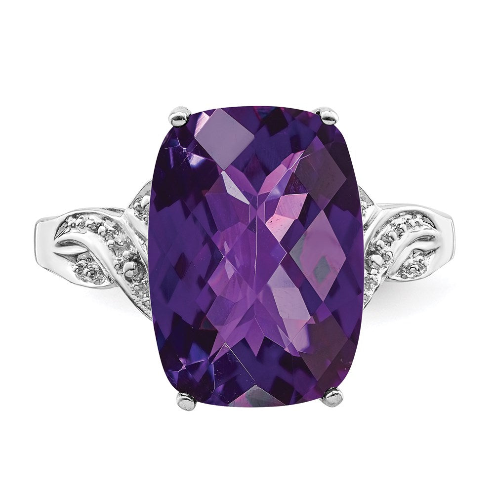 Sterling Silver Rhodium-plated Checker-Cut Amethyst Ring