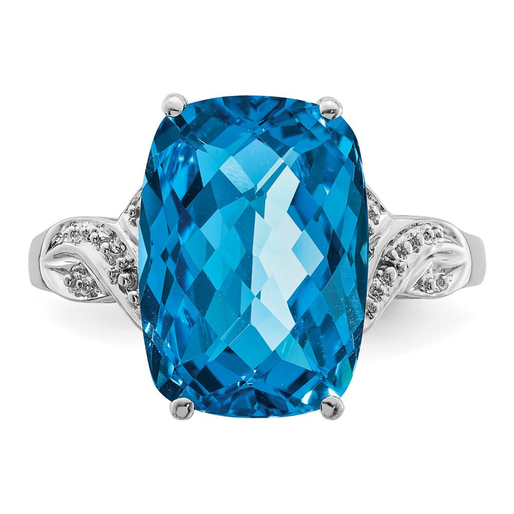 Sterling Silver Rhodium Checker-Cut Blue Topaz Ring