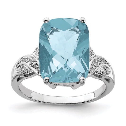 Sterling Silver Rhodium Checker-Cut Sky Blue Topaz Ring