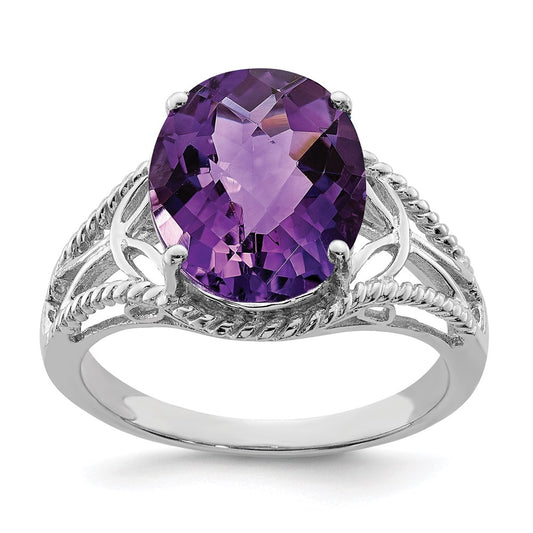 Sterling Silver Rhodium-plated Checker-Cut Amethyst Ring