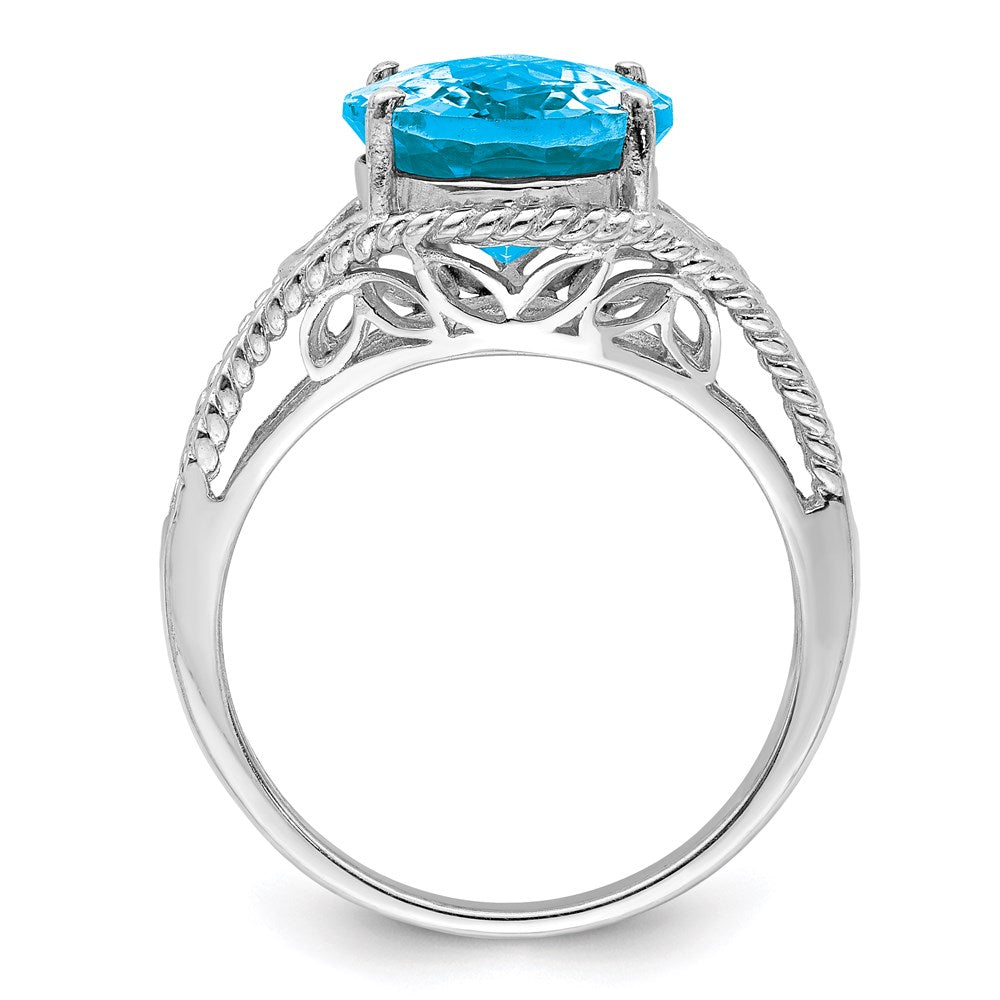 Sterling Silver Rhodium Checker-Cut Blue Topaz Ring