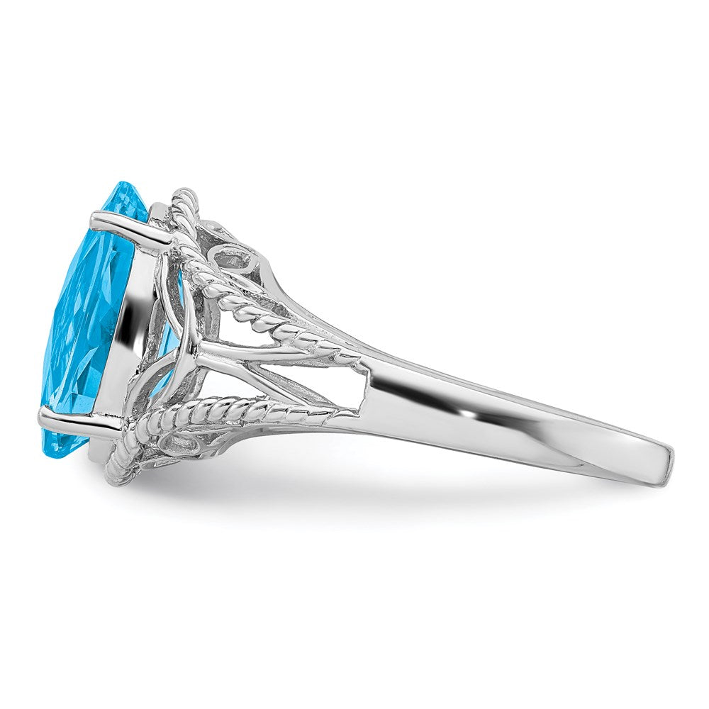 Sterling Silver Rhodium Checker-Cut Blue Topaz Ring