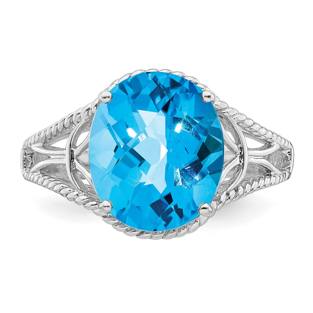 Sterling Silver Rhodium Checker-Cut Blue Topaz Ring