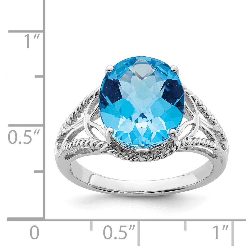 Sterling Silver Rhodium Checker-Cut Blue Topaz Ring